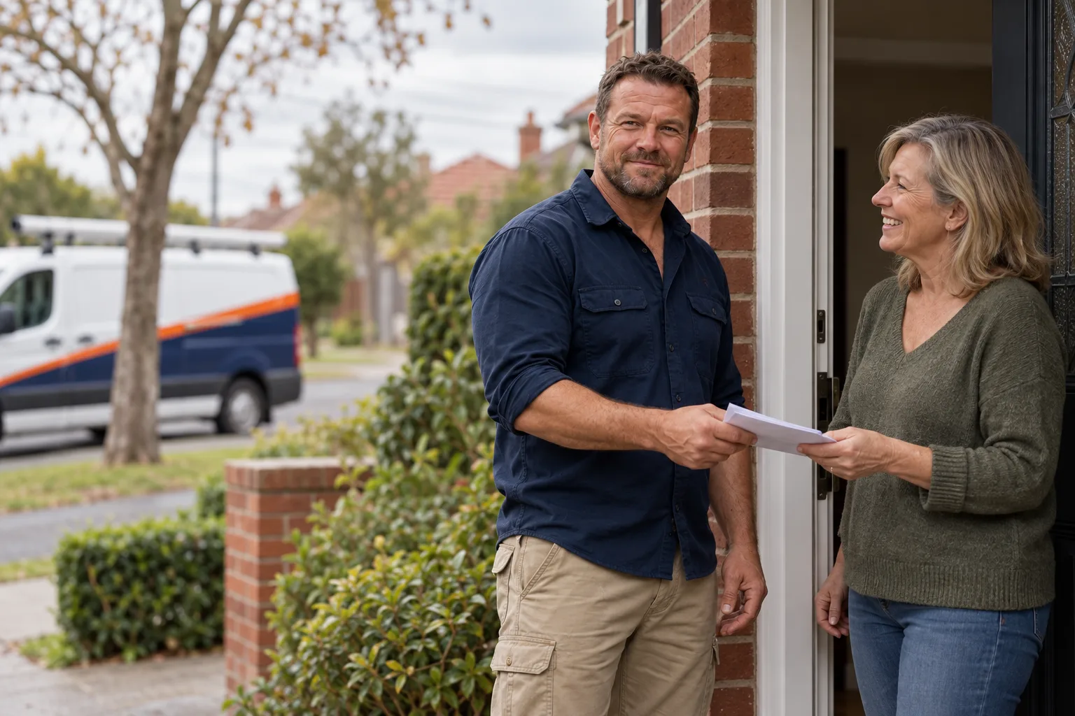 Dan from Kestrel Air handing paperwork to a smiling customer at her front door