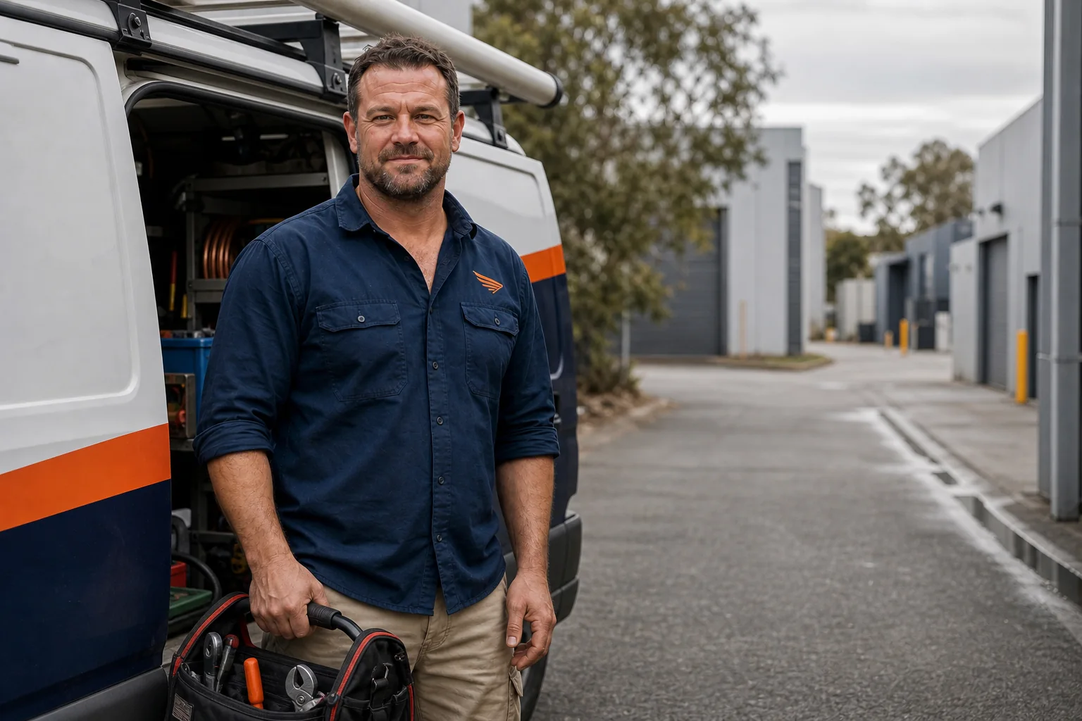 Dan Kovac, owner of Kestrel Air, beside his navy and orange service van