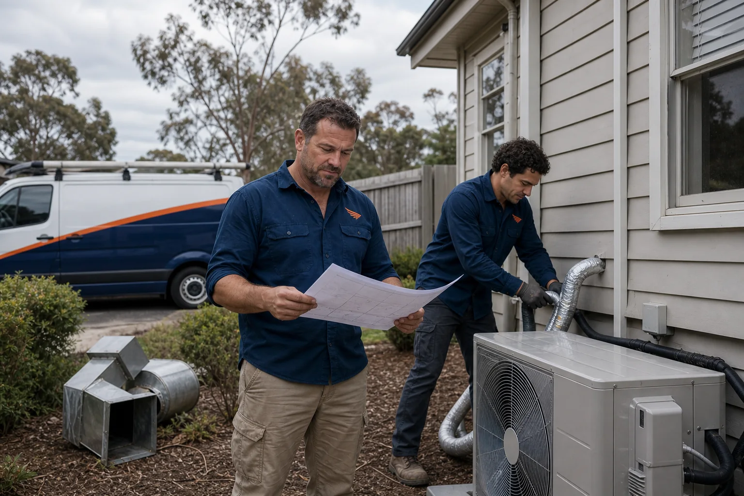 Technicians planning a whole-home ducted reverse-cycle upgrade