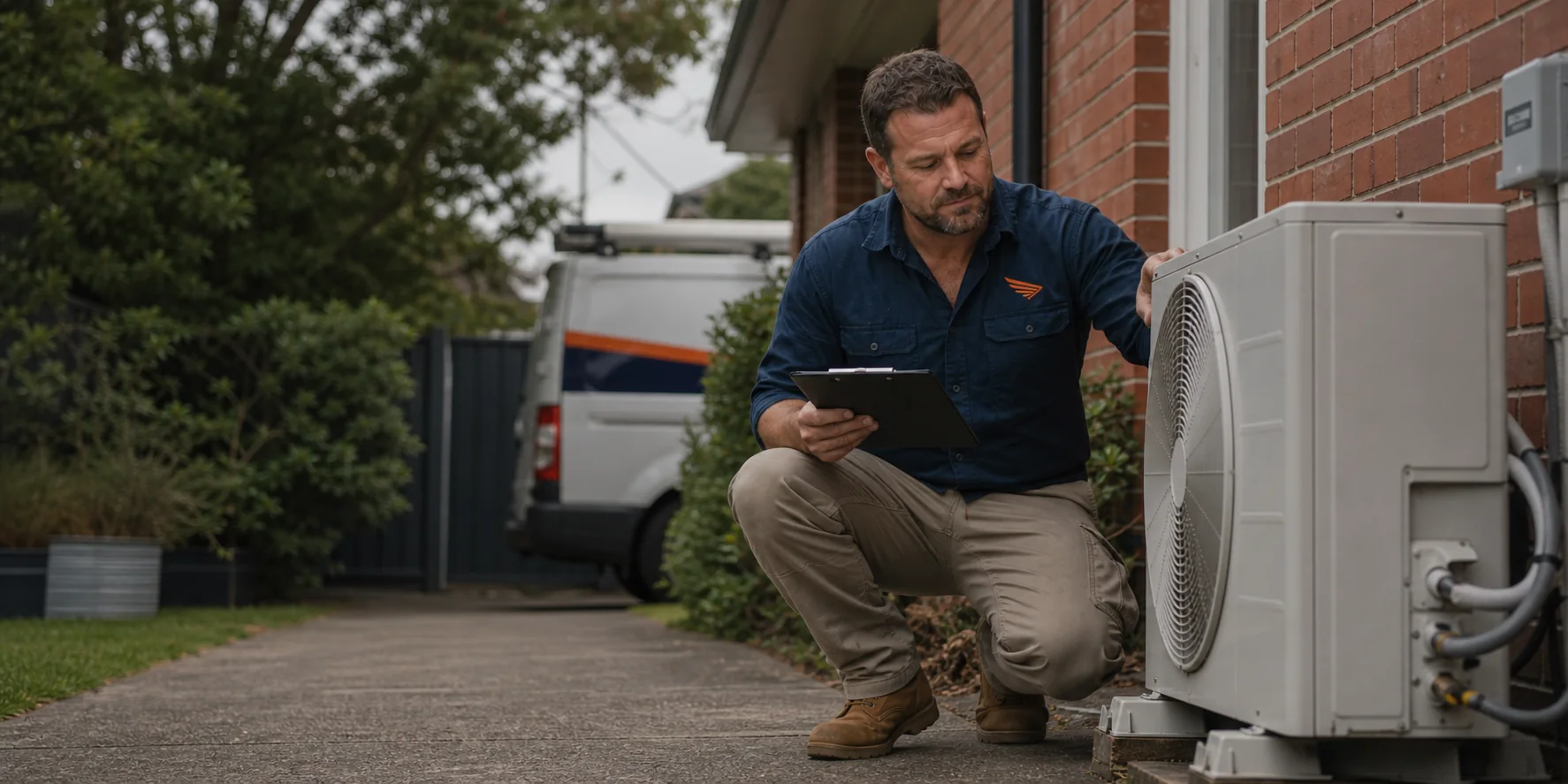 Dan from Kestrel Air checking an outdoor reverse-cycle unit beside a brick home