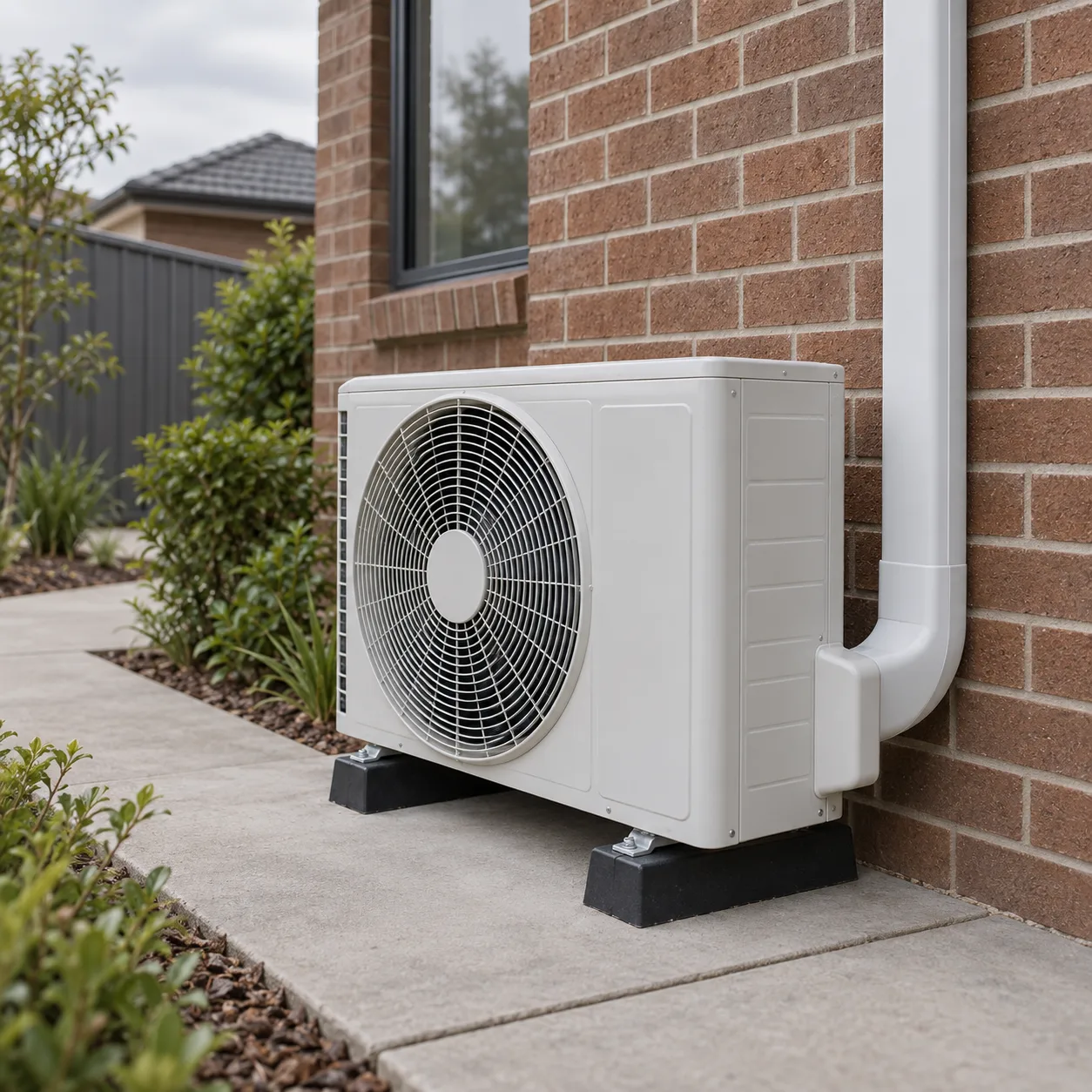 Split-system outdoor condenser unit beside a brick wall