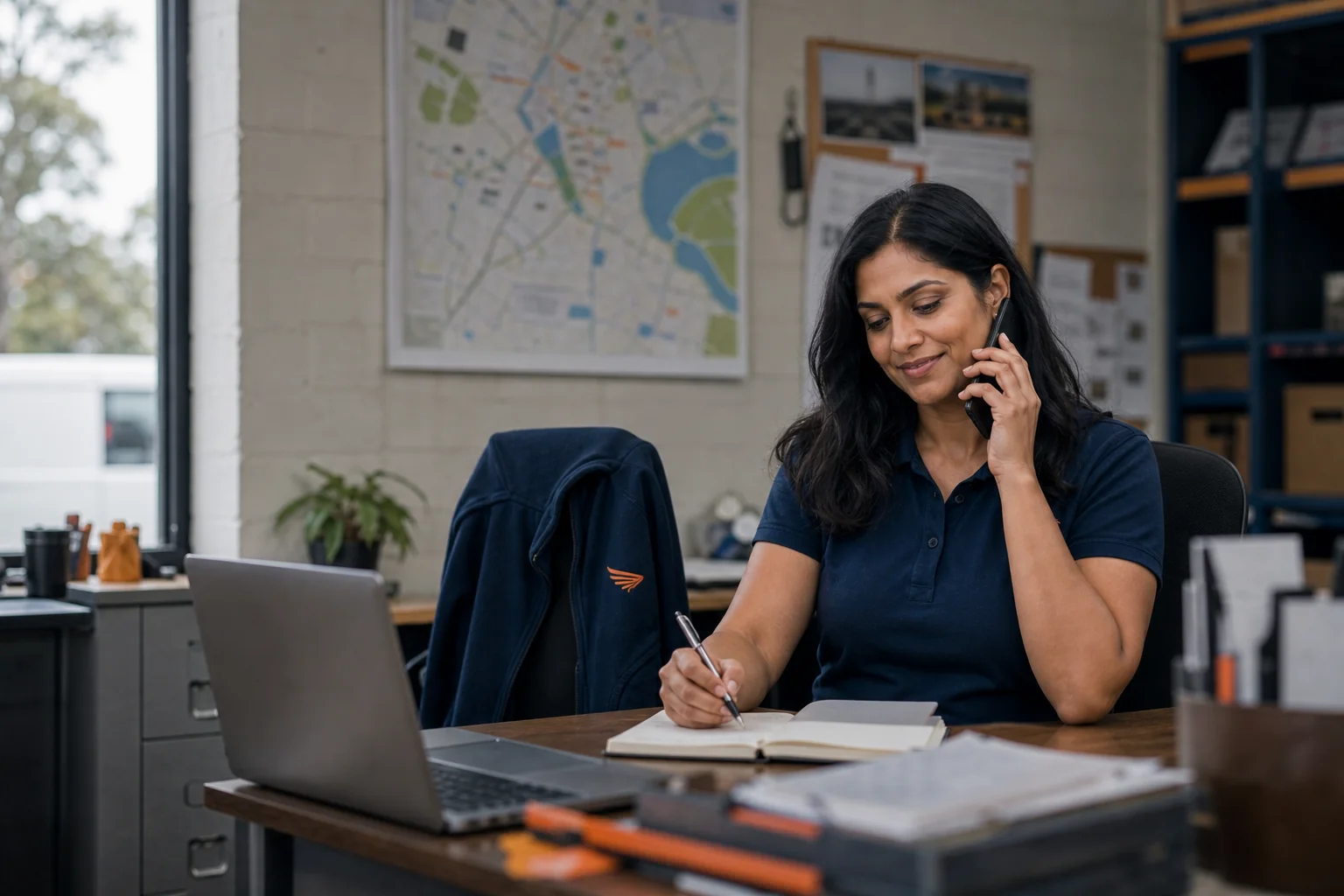 Priya at her desk taking a callback request