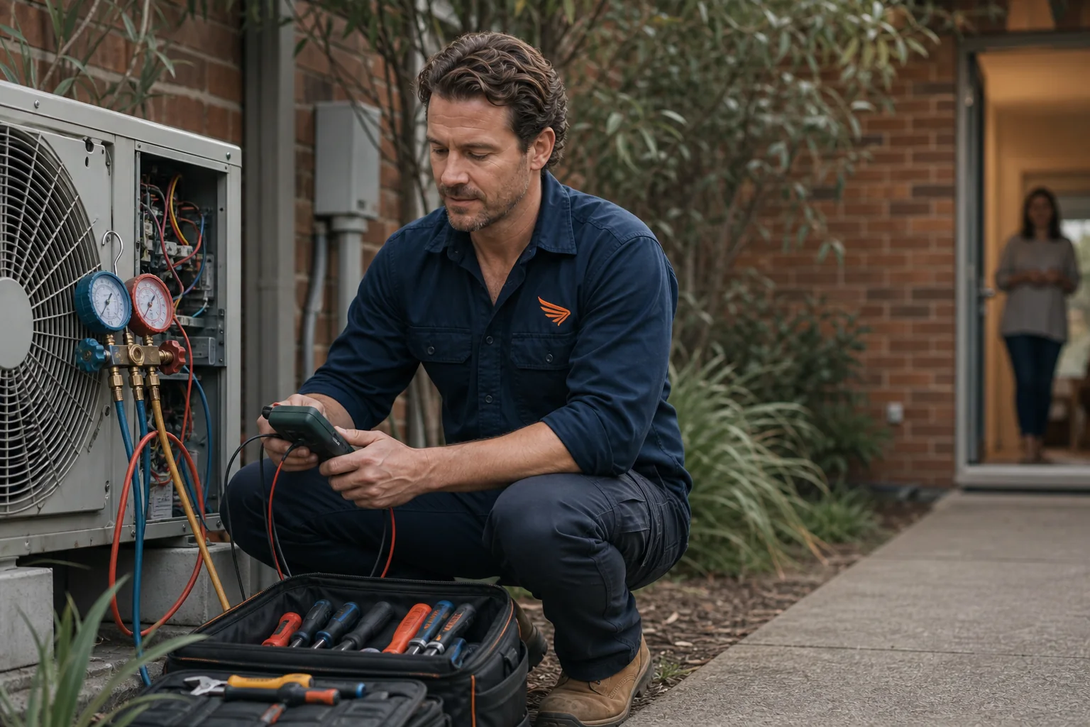 Technician diagnosing an outdoor air-conditioning unit