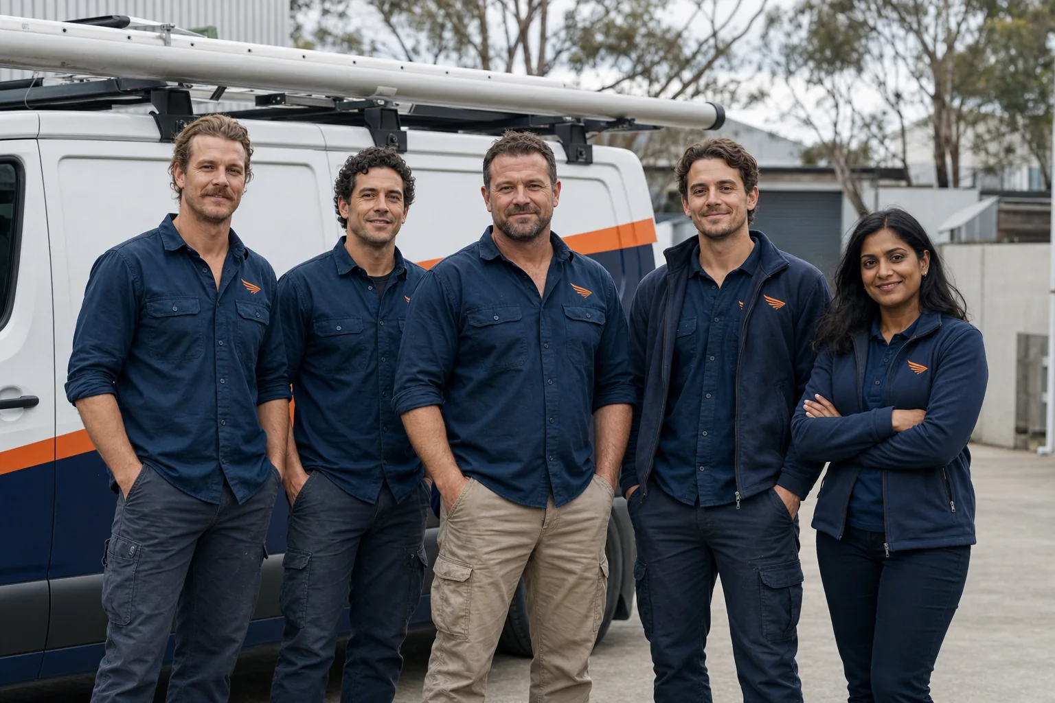 The five-person Kestrel Air crew standing beside their navy and orange service van