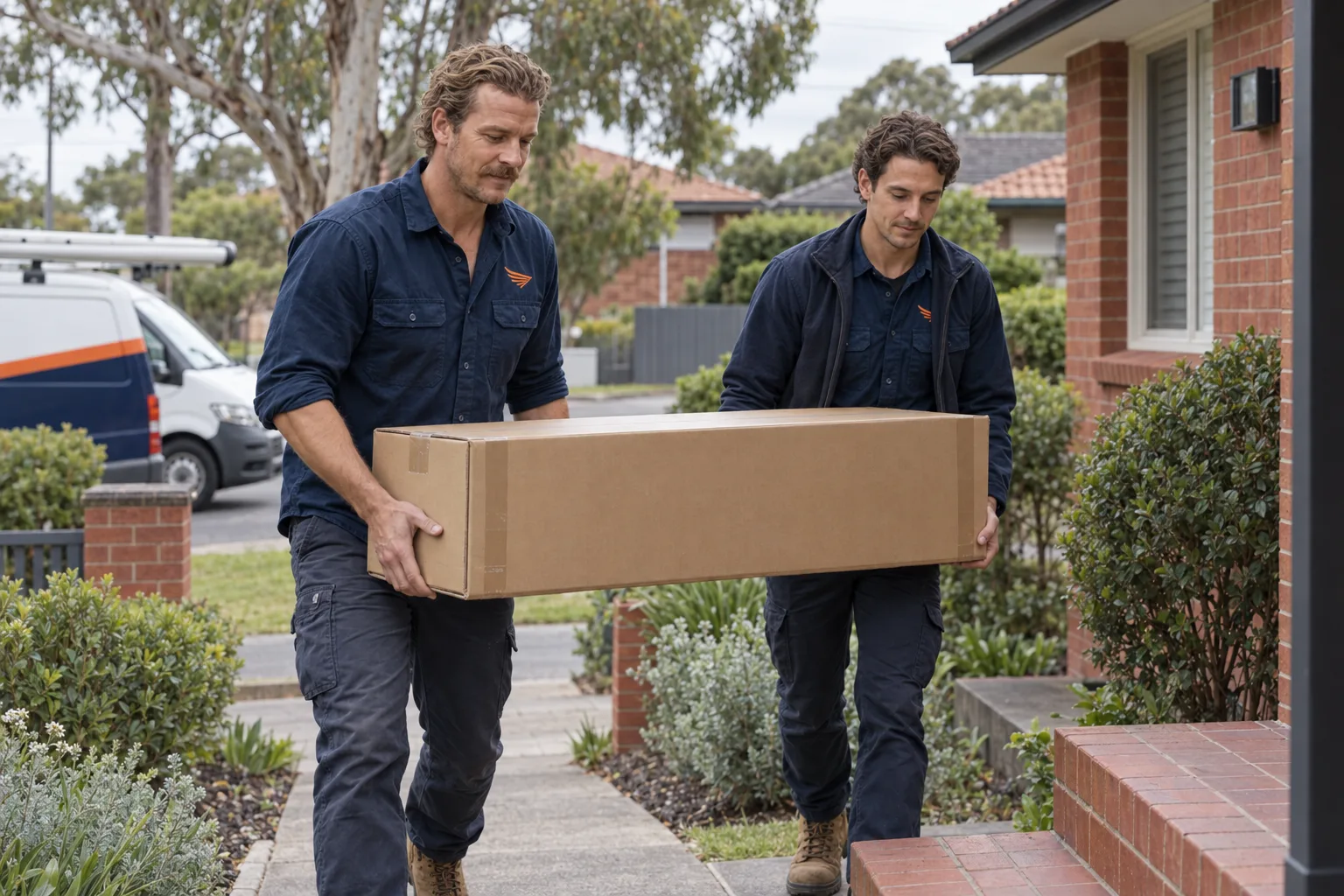 The two Kestrel technicians carrying a boxed split-system indoor unit up a front path